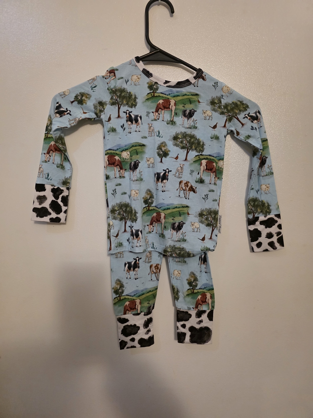 Kids Farm Animal Bamboo Pajama Set in Light Blue with Cow Print Accents